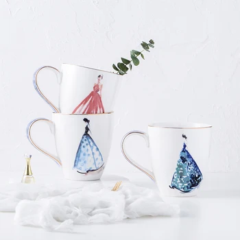 

Nordic style creative gold ceramic mug large capacity coffee cup elegant skirt illustration series