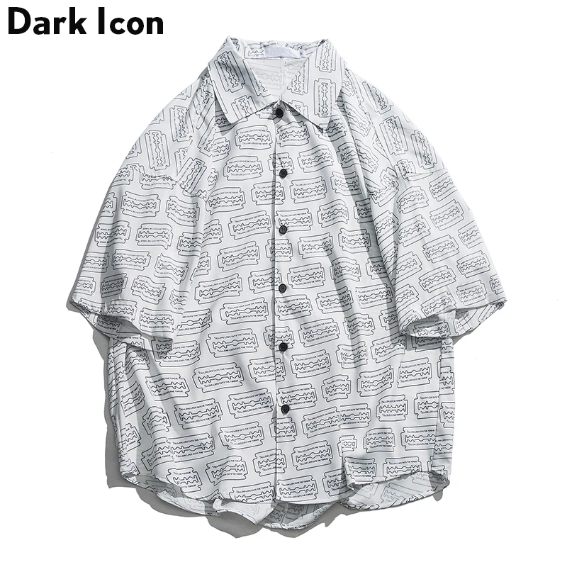 

Dark Icon Full Printed Turn-down Collar Loose Shirts Men 2019 Summer Curved Hem Oversize Men's Shirts Big Size Shirts for Men