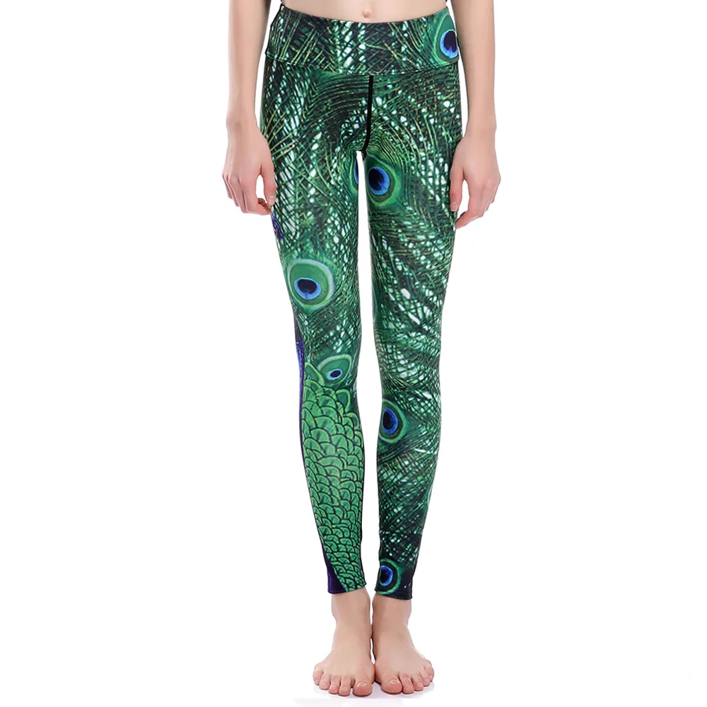 جديد مثير النساء سليم الطاووس الريش اليوغا السراويل طماق مطاطا سليم الرياضة الجوارب التجفيف السريع تنفس بنات بنطلون