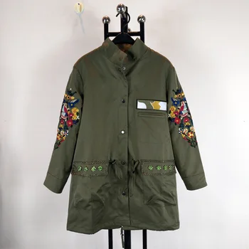 

High Quality Elegant Spring Embroidery Women Basice Coats Army Green Crystal Jacket