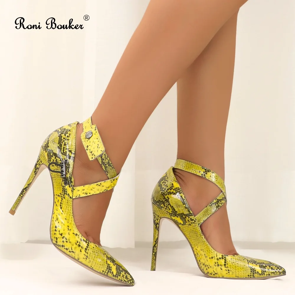 

Sexy Women Thin High Heels Yellow Patent Woman Pumps Fashion Pointed Toe Stiletto Heel Lady Snake Cross-strap Party Dress Shoes