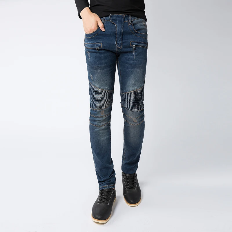 High Quality Men Jeans Casual Design Men Biker Jeans Zippers Straight Slim Fit Elastic Denim Ripped