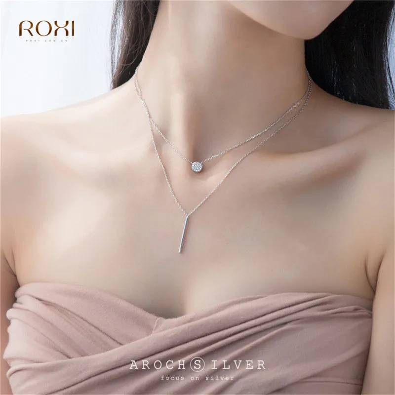 ROXI 925 пробы Серебряное Двухслойное ожерелье из ключицы, круглое CZ циркониевое геометрическое многослойное ожерелье с подвеской на цепочке