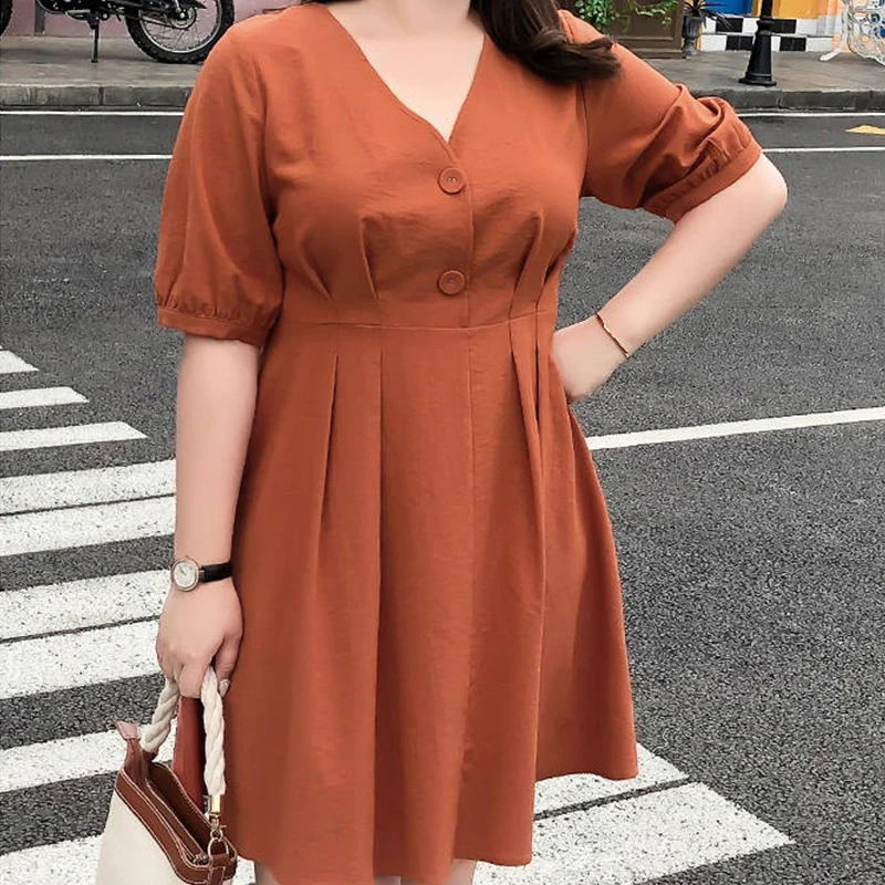 

COCOEPPS Plus Size 2019 Spring Women Dress Casual Orange Black Solid O-Neck Dress Female Clothes Vestido Plus Size 5XL Sundress