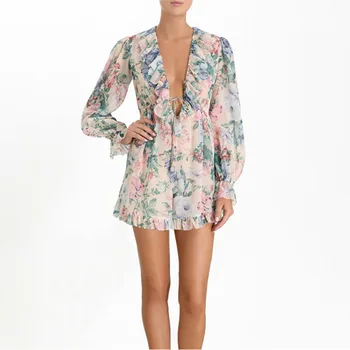 

Sweet Chiffon Printed Jumpsuit New Long Sleeves V Neck Jumpsuit Romper Holiday Beach Playsuit Draped Ruffles