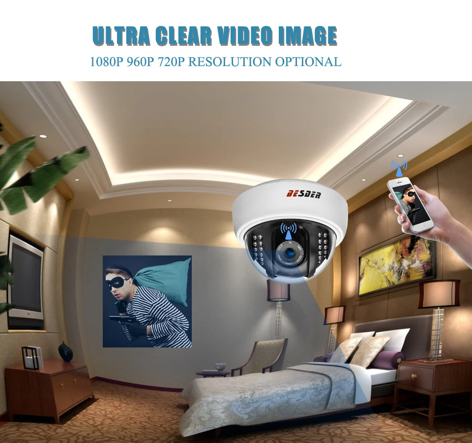 Besder 1080P безопасность Wi-Fi IP камера 64G слот для sd-карты ONVIF Push Alarm Yoosee P2P купольная Беспроводная камера IP Обнаружение движения