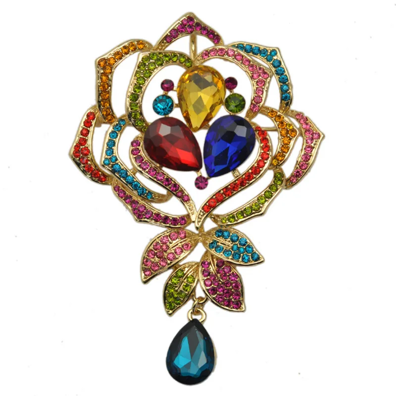 Blucome Big Size Flower Brooches For Women Wedding Jewelry Collares Rhinestone Crystal Pin Brooch bijoux Nice Bags Accessories