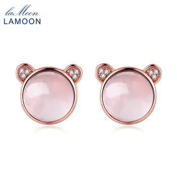 

LAMOON 925 sterling-silver-jewelry Earring Lovely Bear 100% Natural Gemstone Rose Quartz Stud Earrings for Women S925 EI042