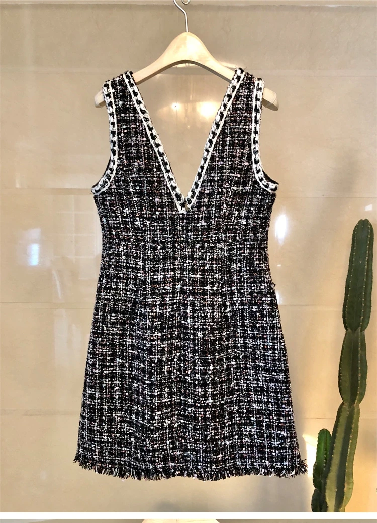 Aihuyigui весеннее Новое приталенное платье-жилет с рукавами и v-образным вырезом твидовое прямое клетчатое платье с жемчужинами и кисточками DR242