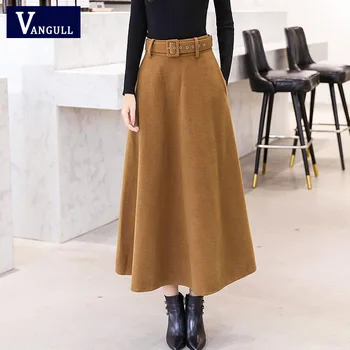 

Vangull elelgant Winter Women's Wool long Skirts With Belt 2019 New Fashion Vintage Woolen Skirt Female Streetwear Casual Skirts