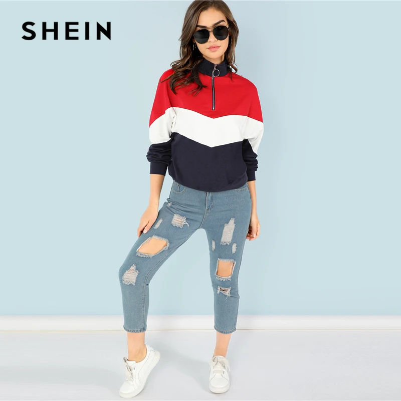  SHEIN Multicolor Minimalist O-Ring Zip Front Cut And Sew Stand Neck Raglan Sleeve Sweatshirt Autumn