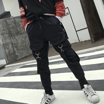 

2019 New Hip Hop Joggers Black Harem Pants Multi-pocket Ribbons Sweatpants
