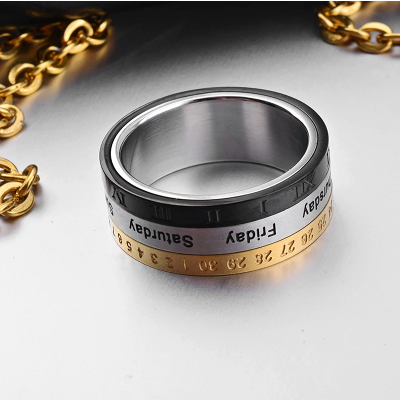 Новые поступления можно выбрать дату и неделю вращающиеся кольца для мужчин и женщин титановая сталь высокое качество ювелирные изделия Три цвета микс кольцо