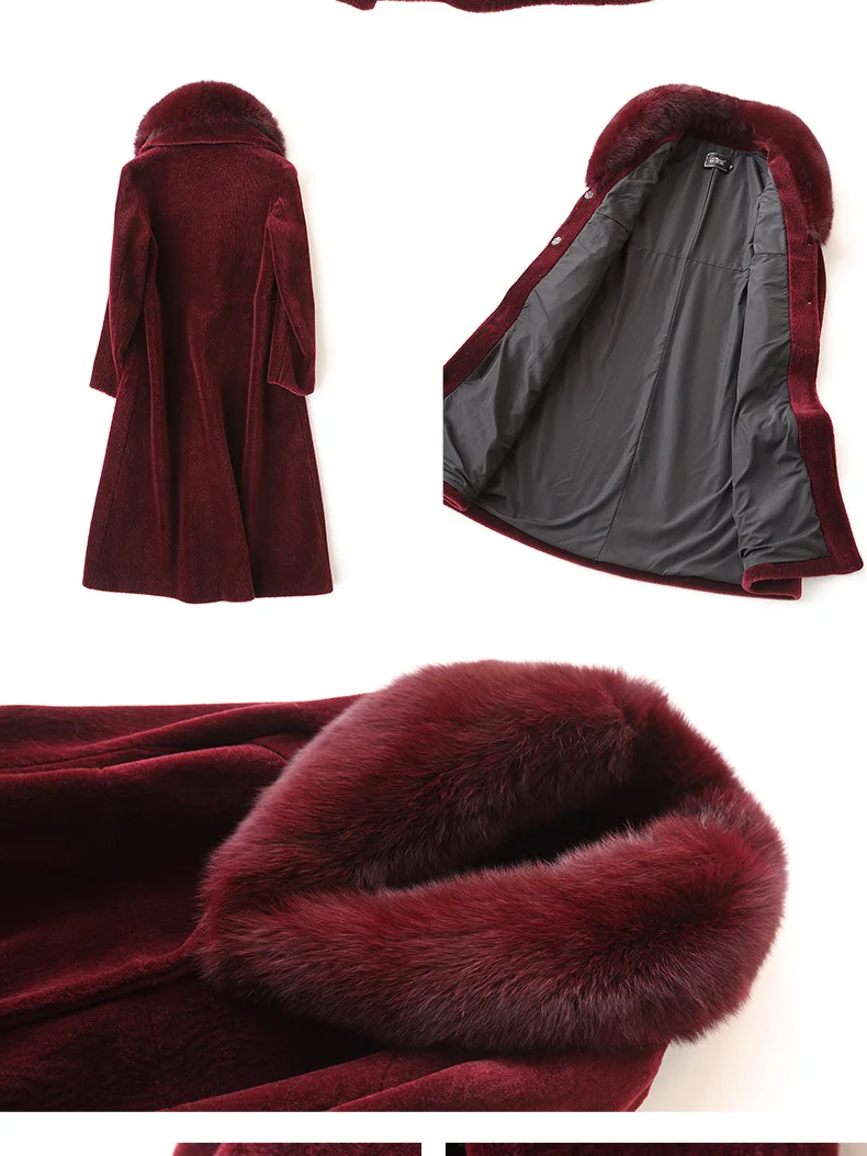 Top AYUNSUE Women Winter Sheep Shearling Fur Coat Large Natural Fox Fur Collar Long Warm Real Fur Coats Genuine Wool Jackets 17030 7