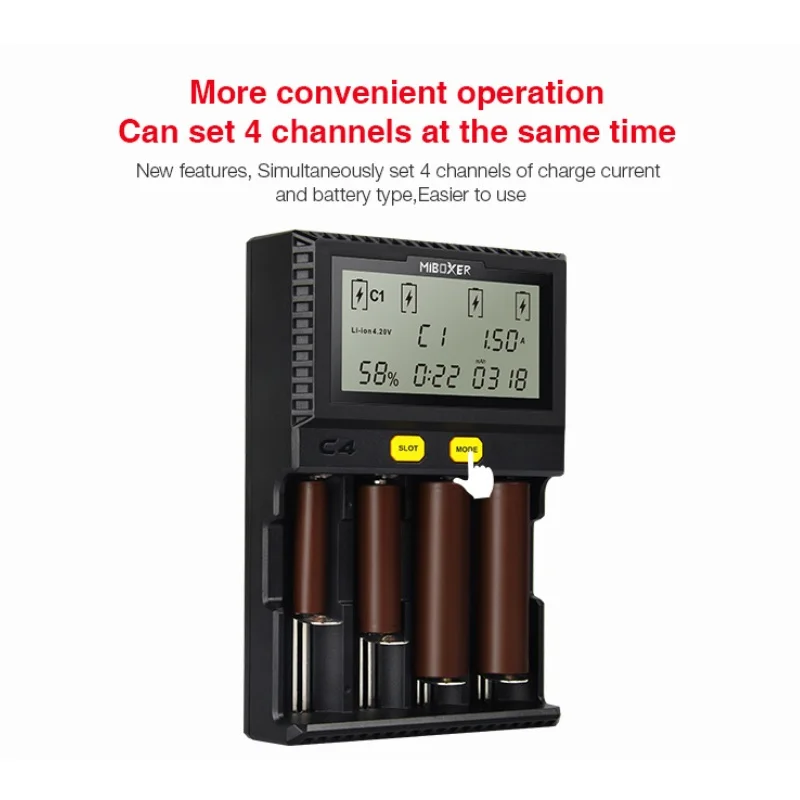 Ceny Miboxer C4 LCD Smart Batterie Ladegerat futro Li Ion IMR ICR LiFePO4 3.7v 18650 14500 26650 21700 AAA Batterien 100 800mah 1.5A