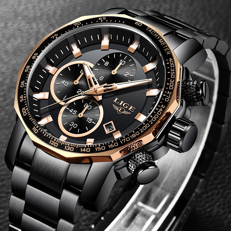 LIGE New Mens Watches Top Brand Luxury Full Steel Sport Chronograph Quartz Clock Waterproof Big Dial Watch Relogio Masculino+Box