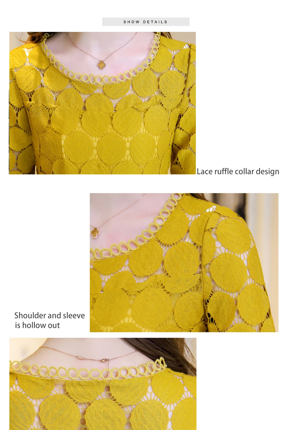 Повседневные блузы с оборками, топы Высококачественная обрезанная Женская кружевная блузка с коротким рукавом, шифоновые рубашки с круглым вырезом 113A
