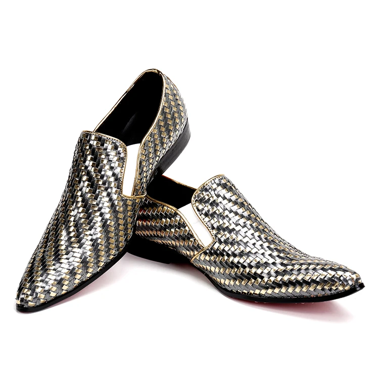 

Eunice Choo Genuine Leather Mix Color Woven Slip On Men Dress Loafers Spring/Autumn Pointed Toe Luxury Party Wedding Flat Shoes