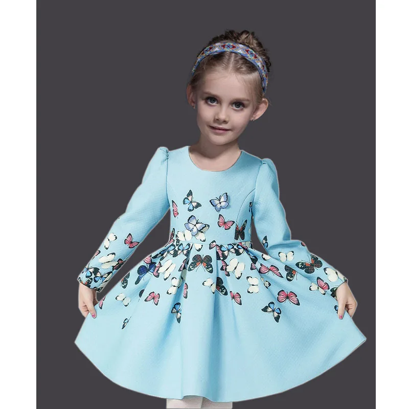 Новые осенне-зимние платья для девочек, хлопковое платье принцессы с длинными рукавами и бабочками для девочек, модные вечерние платья с принтом