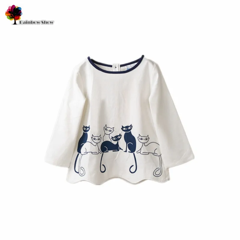 Новая детская одежда, осенне-Весенняя Милая хлопковая льняная Блузка для девочек с круглым вырезом и рисунком животных