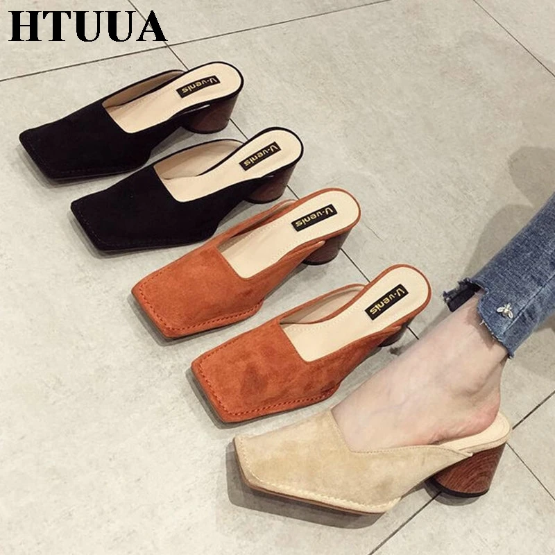 

HTUUA Block Heel Shoes Women Slippers Ladies Chunky Heel Mules Shoes Woman High Heel Slippers Female Square Toe Slides SX2444