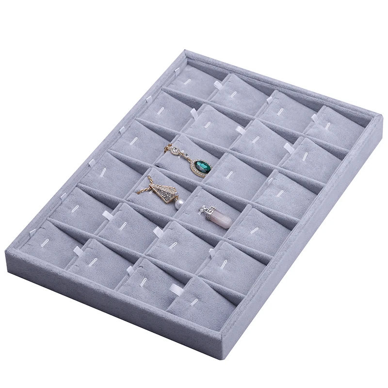 

35*24 Wholesale Gray Ice Velvet Jewelry Display Tray Necklace Earring Pendant Set Showcase With 24 Grid New Arrival