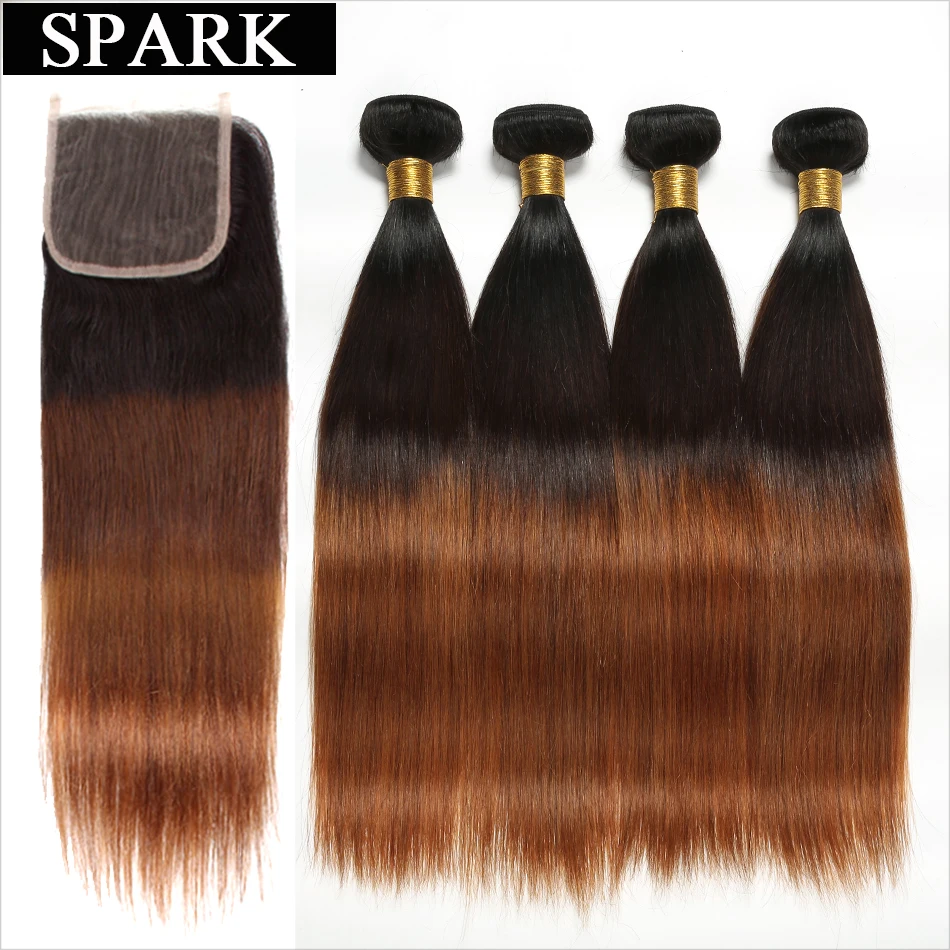 

Spark Ombre 3 Bundles with Closure Peruvian Straight Human Hair Bundles with Lace Closure Middle Or Free Part Remy Hair Closure