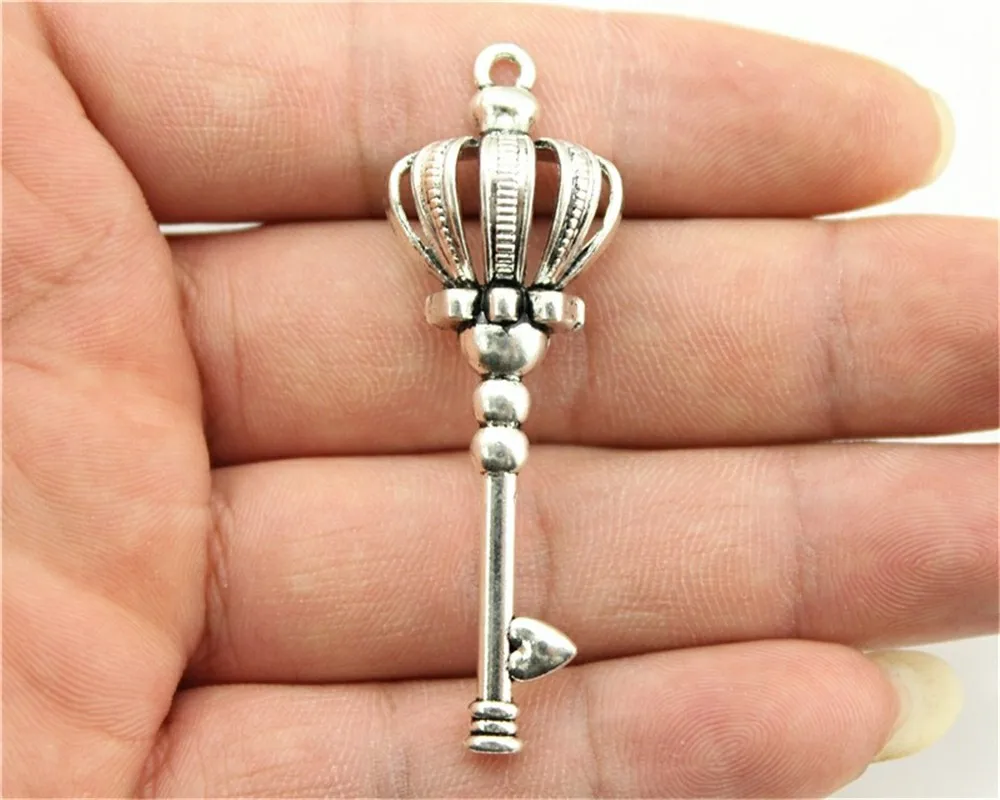 

WYSIWYG 8pcs 56mm 2 Colors Antique Silver, Antique Bronze Plated Crown Key Charm Key Charms Findings Key Crown Charm