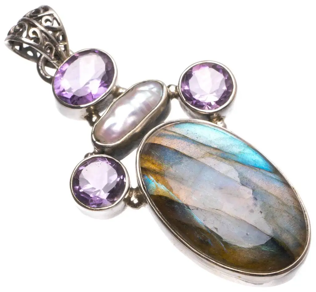 

Natural Labradorite,Biwa Pearl and Amethyst Handmade Mexican 925 Sterling Silver Pendant 2 1/4" U0191