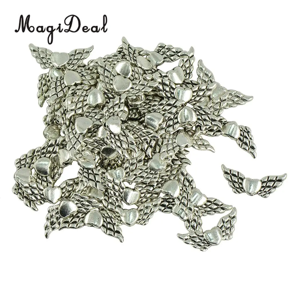 MagiDeal 50 Pieces Tibetan Silver Angel Wing Heart Spacer Beads Jewelry DIY Making Jewelry Pendant Accessories Vintage Tibetan 