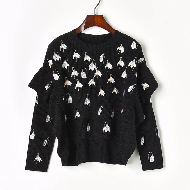 

Embroidery floral sweater women Ruffles batwing sleeve knitted sweaters Front short Back long o-neck Pullover 2019 autumn winter