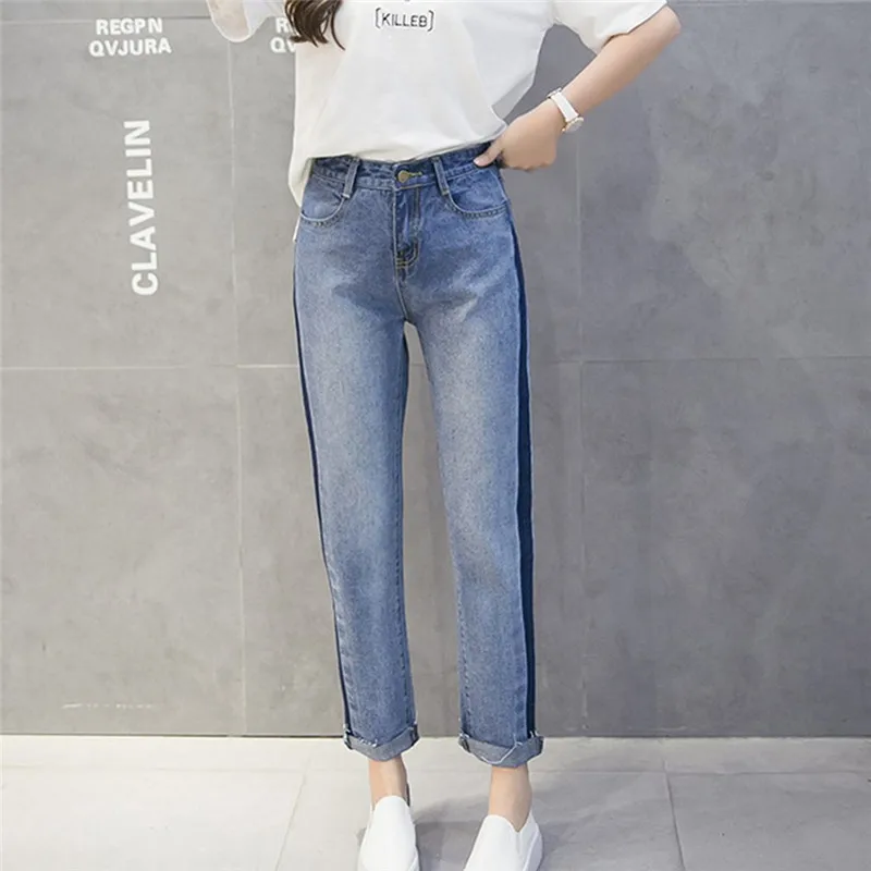 Новый Для женщин корейский стиль свободные джинсы Новое поступление 2017 года синий Waterwash лоскутное Повседневное Для женщин джинсы Прямые