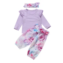 Одежда для новорожденных девочек с фиолетовыми оборками и цветочным принтом топы, футболки, футболка+ длинные штаны+ повязка на голову, комплект одежды для малышей