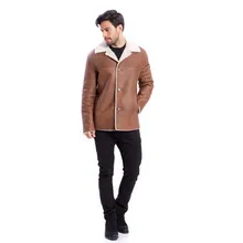 Мужские кожаные куртки с меховой подкладкой, шерстяное зимнее пальто для мужчин, темно-коричневое кожаное пальто, белые лацканы, модные, благородные