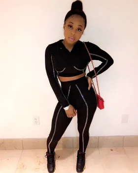 

Rhinestone Women Hoodie Top With Pants Sexy Fashion Women Two Piece Set
