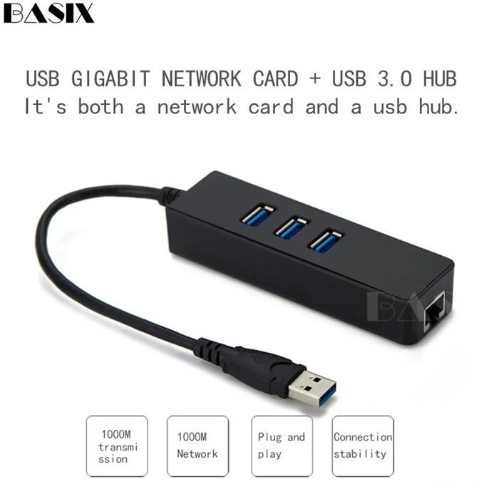 Basix Usb Ethernet USB к RJ45 Lan сетевой карты USB3.0 концентратора 3 Порты и разъёмы 10/100/1000 Мбит/с Gigabit ethernet-адаптер для Windows для ноутбука