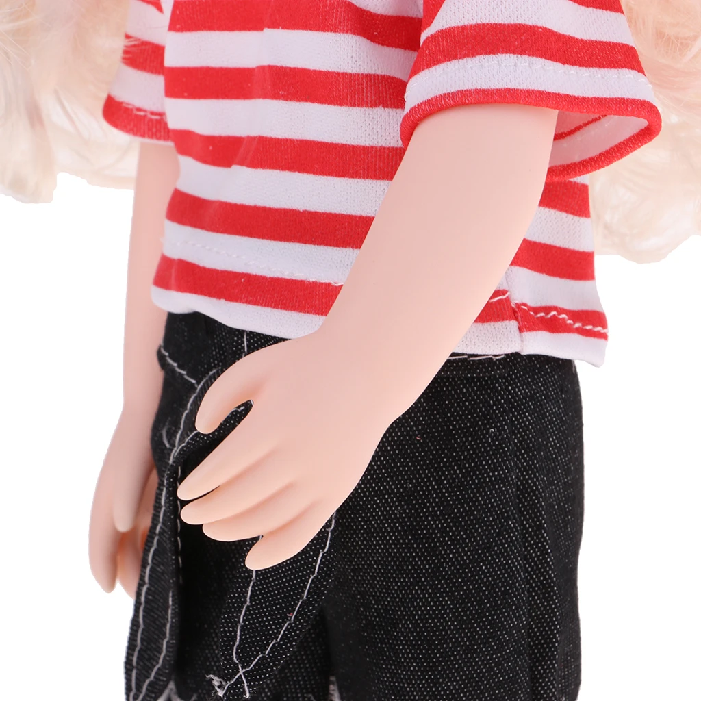 Lovely 14inch Soft Vinyl Flexible Jointed Doll Princess Girl Doll Blonde Hair Glass Eyes in Striped T-shirt and Short Pants