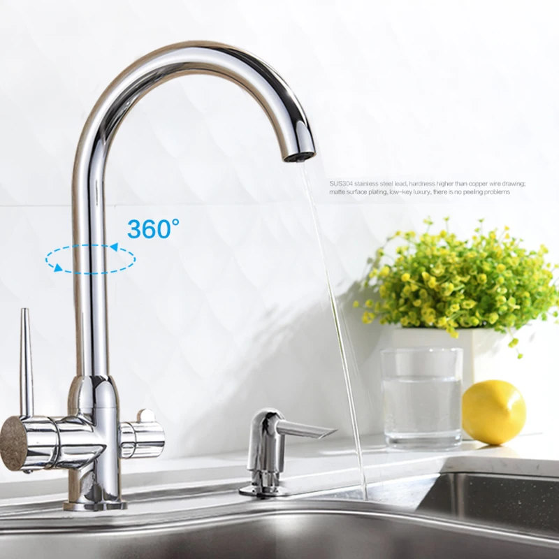 

Uythner Waterfilter taps kitchen faucets Dual Handle Deck Mounted Mixer Tap 360 Degree rotation Water Purification Feature Crane