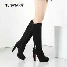 Женские сапоги до колена из флока; модные сапоги на платформе и высоком квадратном каблуке; Сапоги на молнии со стразами; сезон осень-зима; женская обувь; Новинка года