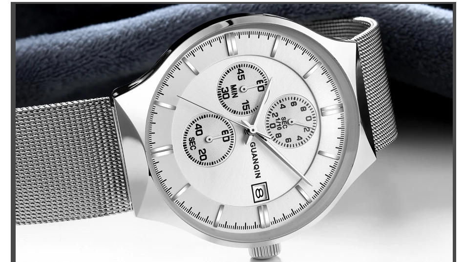 2018 GUANQIN Brand Luxury Men's Fashion Chronograph Calendar Watches Men Business Casual Mesh Band Waterproof Quartz Wrist Watch