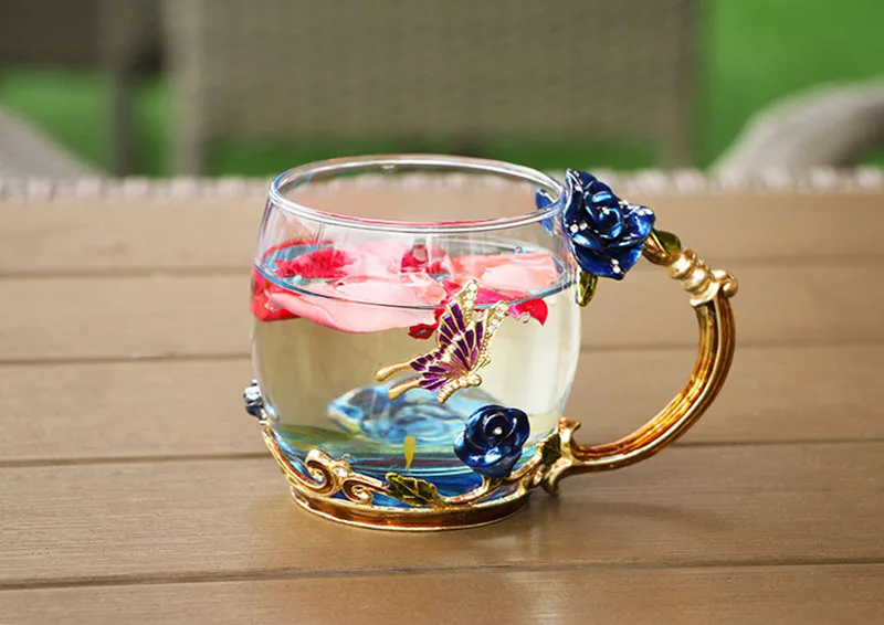 Эмалированная чашка с синими розами. Термостойкая чашка с цветочным рисунком. Высококачественные хрустальные подарки. Креативные подарки для дома