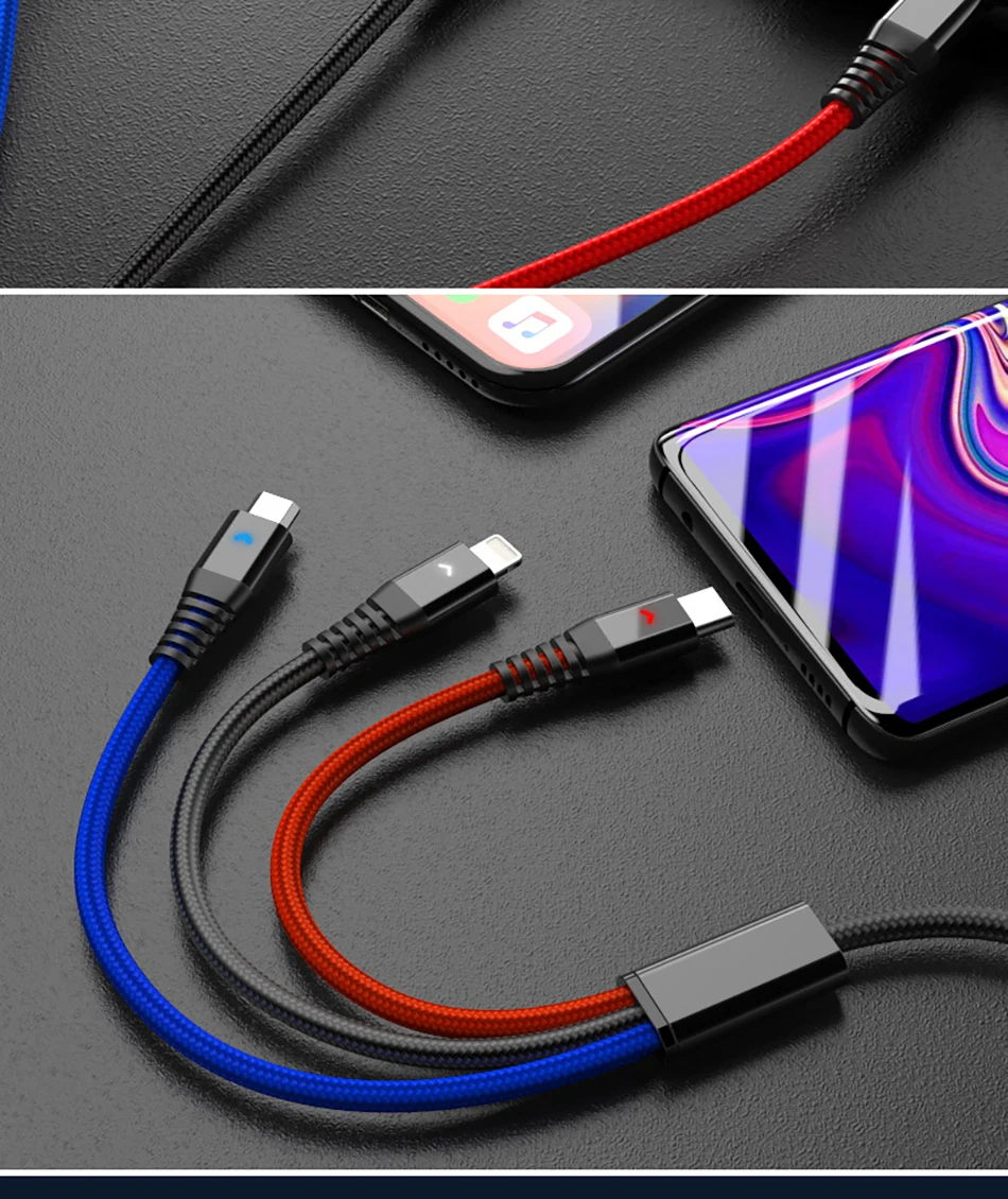!ACCEZZ 2.4A 3 in 1 USB Cable Micro USB Type-C Charging Cable For iPhone 7 8 Plus X XS XR Android Phone For Samsung S8 Data Cord (14)