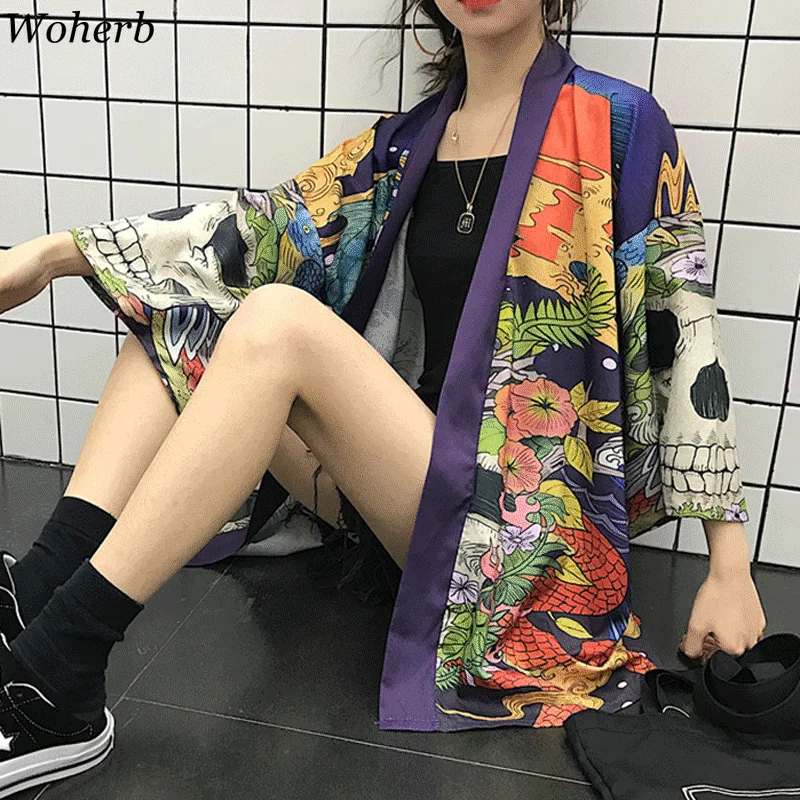 Woherb Summer Japanese Harajuku Kimono Skull Print Vintage Blouse Sunscreen Yukata Cardigan Jacket Women and Man Shirt 21300