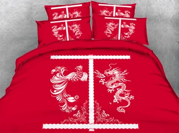 

4pcs Oriental Chinese traditional style dragon and phoenix bedding set Single queen king size duvet cover wedding linens red