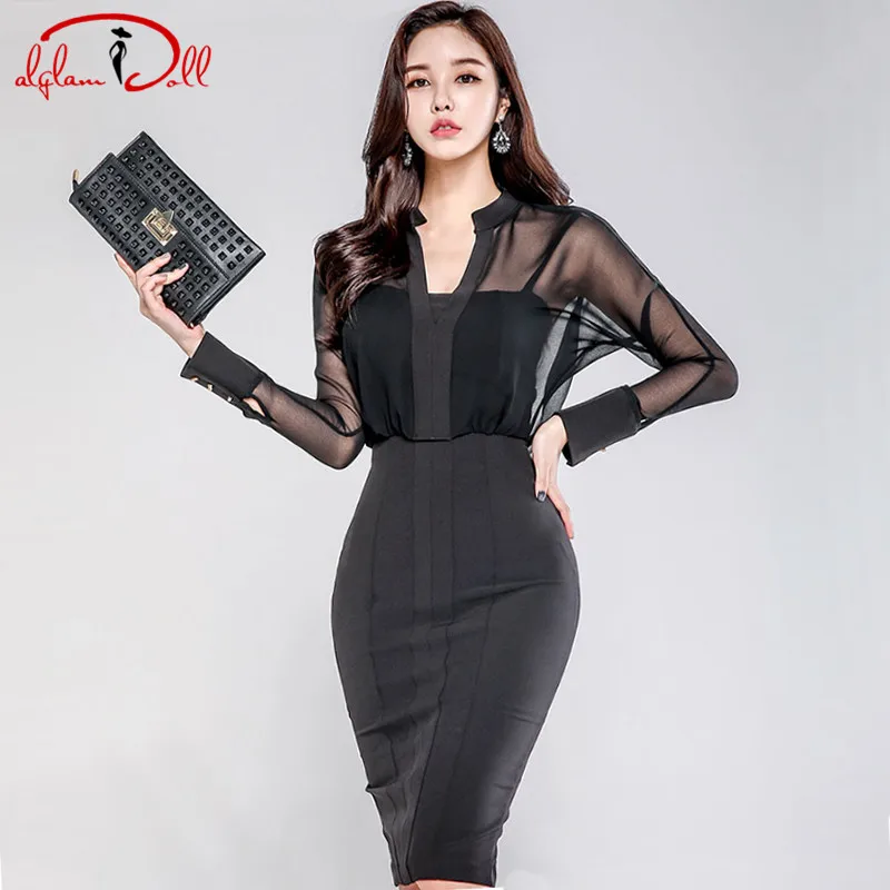 2018 Spring Full Sleeve Bodycon Shirt Cloth Lady Sexy Bodycon Black