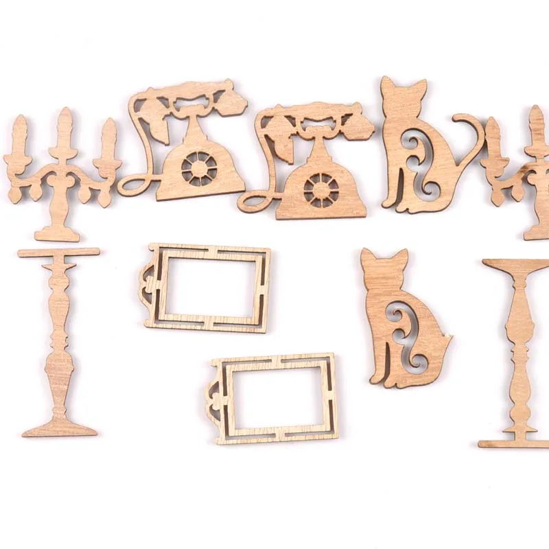 

candlestick/cat/telephone Vintage HandMade Natural Wooden Scrapbooking Diy Craft Home decoration handcraft 10pcs MT1841