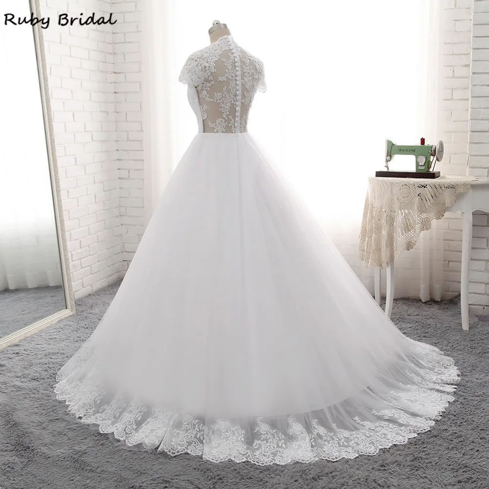 Ruby Bridal Элегантное Длинное Свадебное платье трапециевидной формы недорогое белое Тюлевое свадебное платье с кружевной аппликацией и коротким рукавом PW7