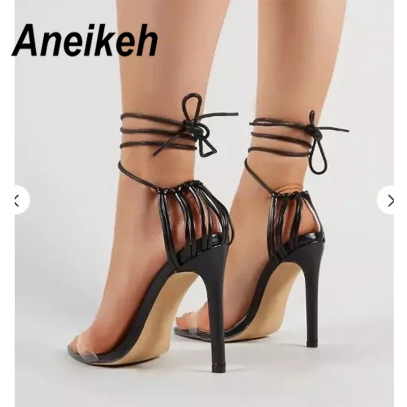 

Aneikeh Fashion PVC Heeled Sandals Women Black Lace-up Thin High Heels Open Round Toe Transparent Dress Office Solid Size 35-40