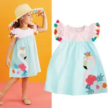 Дети девочки Вышивка платья со вставками лепесток Sleevel Ruched Фламинго платье с мультипликационным принтом Одежда для девочек