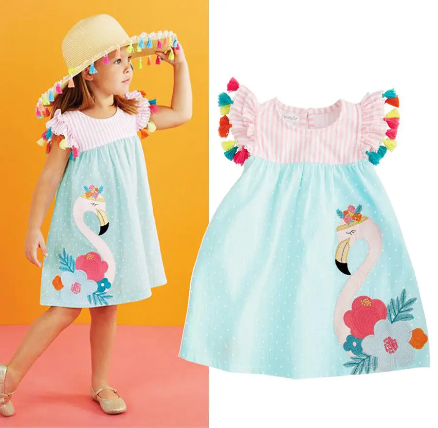 Kids Girls Embroidery Dresses Panelled Petal Sleevel Ruched Flamingo Cartoon Print Dress Girls Clothes Kids Girls Embroidery Dresses Panelled Petal Sleevel Ruched Flamingo Cartoon Print Dress Girls Clothes